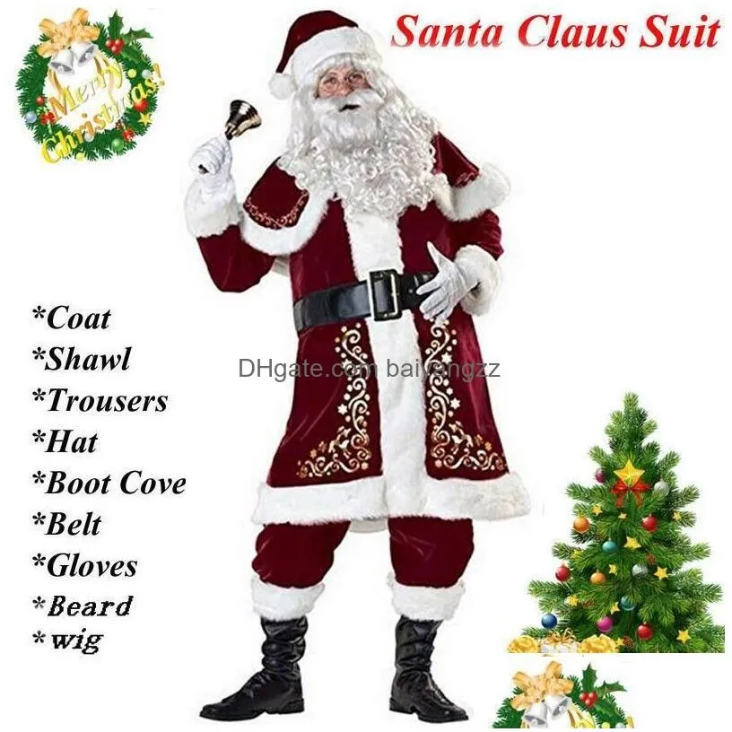 Others Apparel Christmas Decorations 9Pcs Veet Deluxe Santa Claus Father Cosplay Suit Costume Adt Fancy Dress Fl Set Sets Drop Deliv Dhpfb