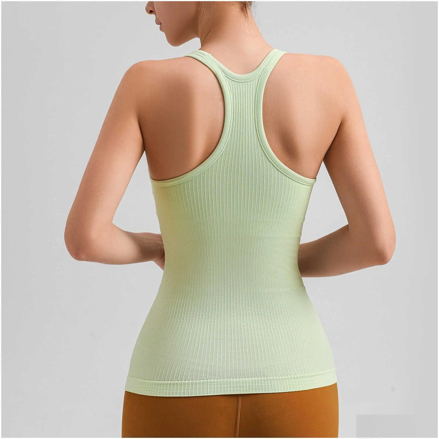 Lu-88289 Yoga Nude Ebb to Street Long Tank Top High Elastic Thread Seamless Back Fitness Rib with Chest Pads for Slimming