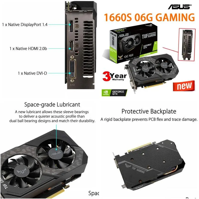 NVIDIA 1660s Video Card ASUS TUF GTX1660 Super O6G GAMING Graphics cards for GAMING192bit 8pin GDDR6 NEW Desktop Computer GPU