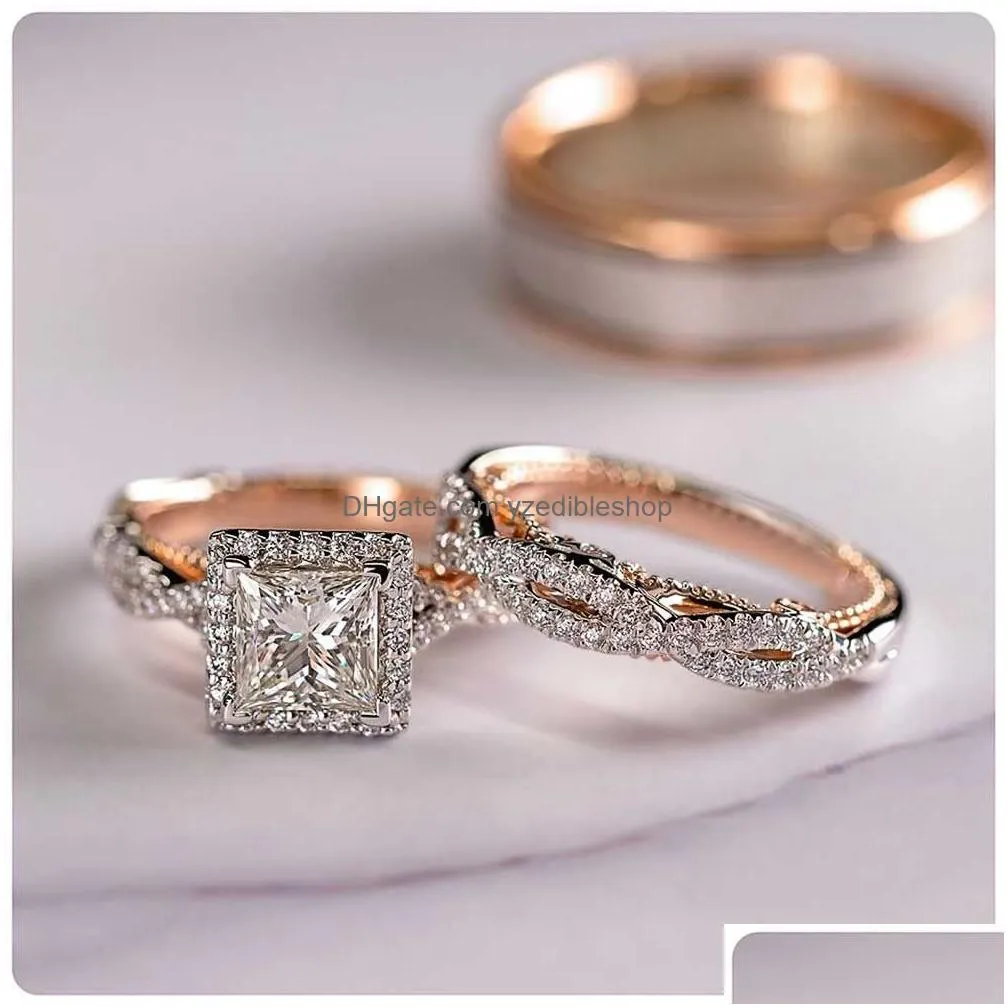 gorgeous 3pcs/set women wedding rings mosaic cz two tone romantic female engagement ring fashion jewelry