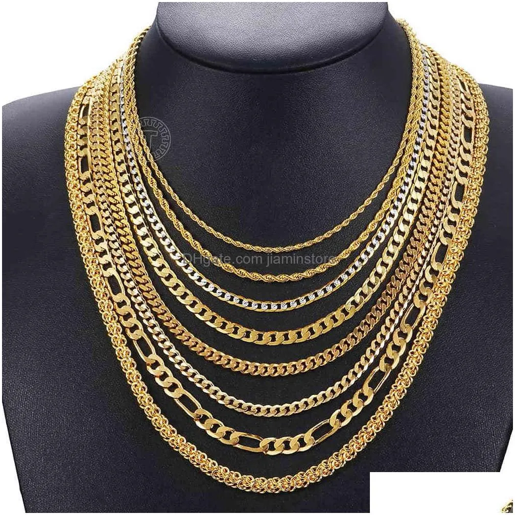 Chains Gold Chain For Men Women Wheat Figaro Rope Cuban Link Filled Stainless Steel Necklaces Male Jewelry Gift Wholesale Drop Deliver Dhzuo