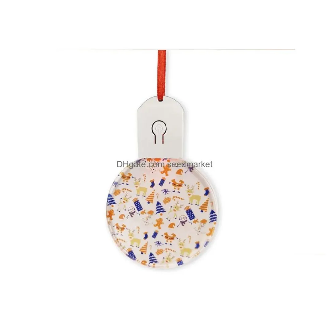 2.76 inch sublimation round acrylic light ornaments with red rope without battery christmas tree ornament b1103