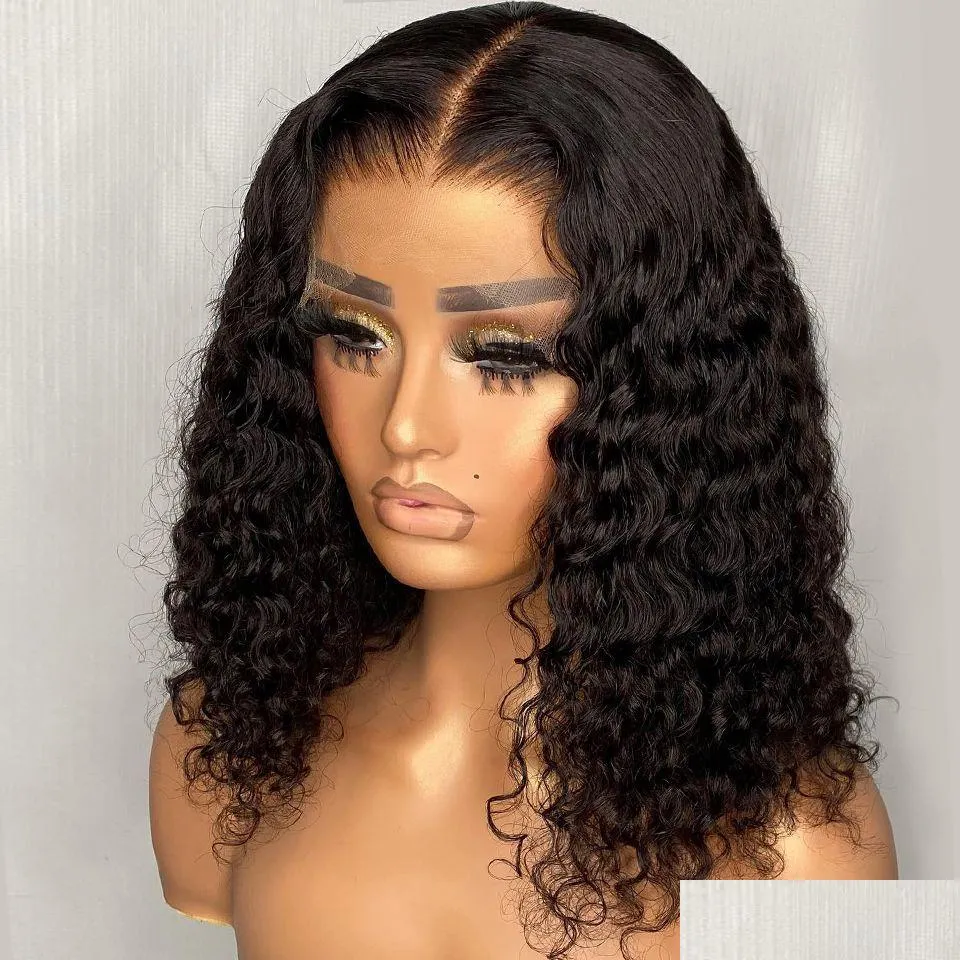 Human Hair Wigs for Women Brazilian Deep Wave Frontal Wig 180 Density Transparent T Part Lace Wig Jerry Curl Bob PrePlucked Remy