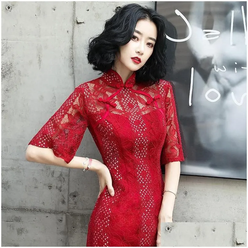 Ethnic Clothing Summer Girl Red Willow Mid-length Qipao Retro Chinese Style Gown Wedding Cheongsam Dress
