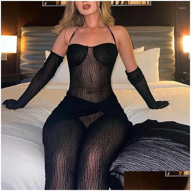 Casual Dresses Aligaia Sexy Mesh See Through Jumpsuits Asymmetrical Skirt Black 3 Piece Set With Gloves Slim High Waist Dress Suit