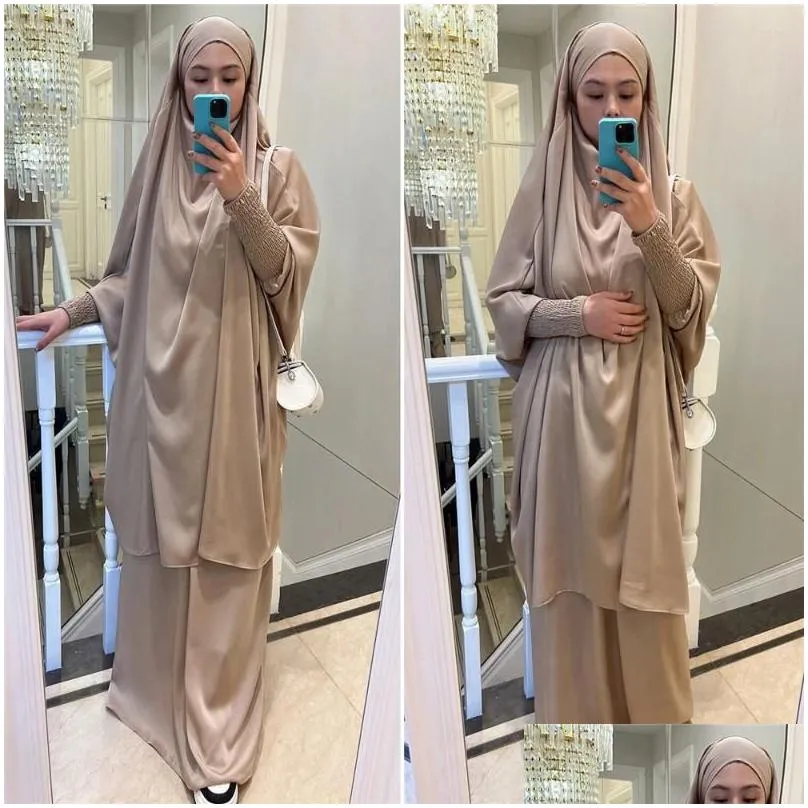 Ethnic Clothing Women Muslim Prayer Garment Plain 2 Piece Jilbab Set Nida Hooded Abaya Khimar Hijab Long Skirt Islam Clothes Dubai