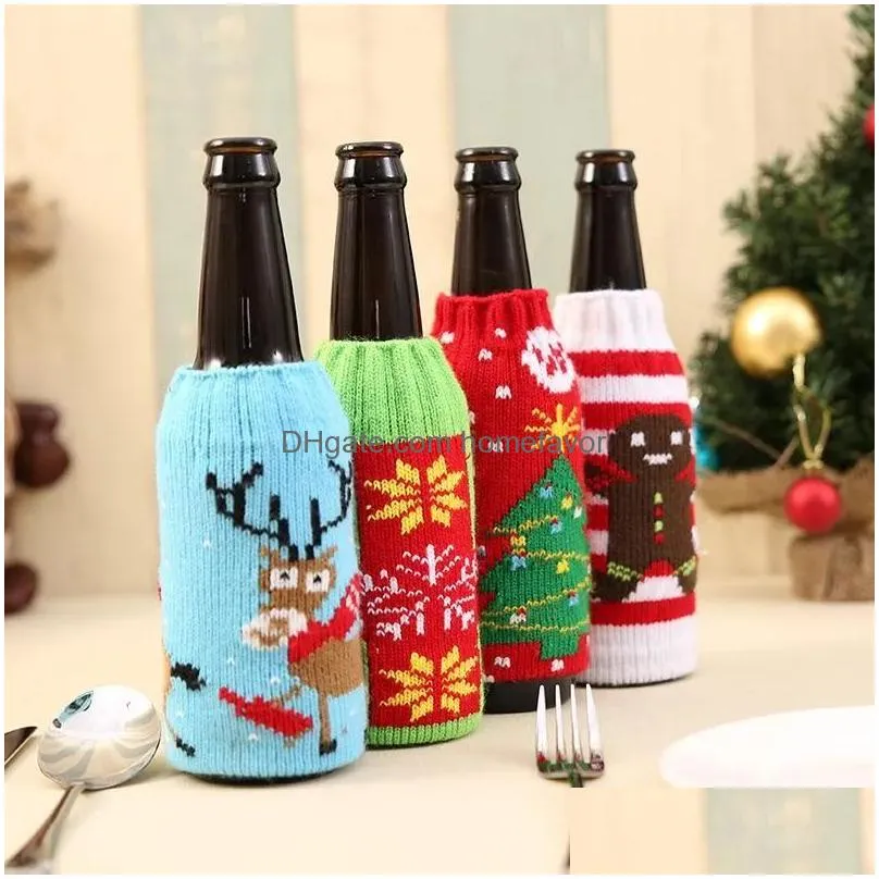 dhs christmas knitted wine bottle cover party favor xmas beer wines bags santa snowman moose beers bottles covers wholesale b1101