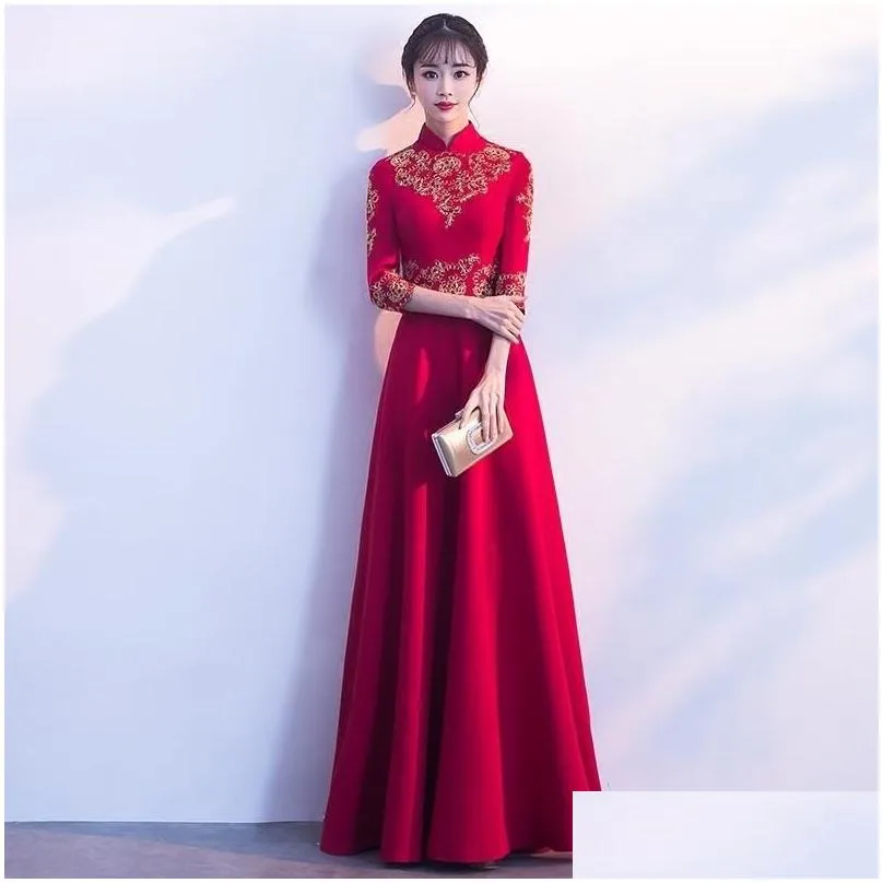 Red Embroidery Chinese Evening Dress Long Bride Wedding Qipao Oriental Style Party Dresses Bridesmaid Robe Ceremonie Fille Gowns Ethnic