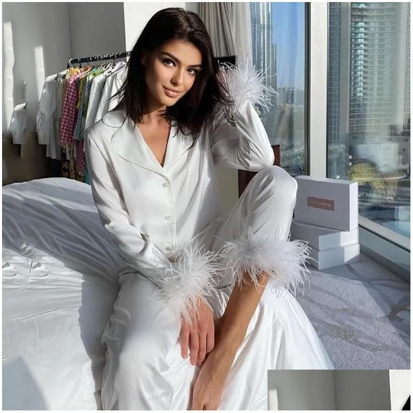 Women`s Two Piece Pants Womens Pajamas For Sleep Ladies Solid Color Suit Lapel Top And Feather Trousers Two-piece Sleepwear Set Pyjama