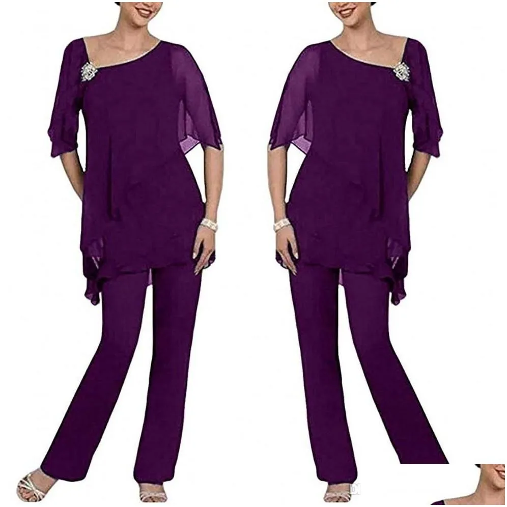 Mother Of The Bride Suits Purple Two Pieces Pant Layered Irregual 1/2 Long Sleeves Chiffon Plus Size Wedding Guest Dress Drop Delive