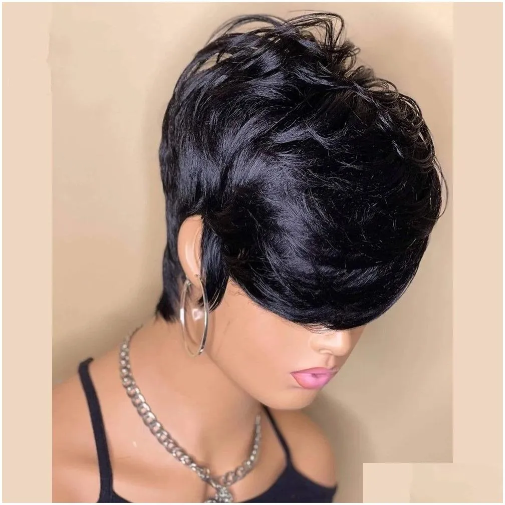 Short Cut Pixie Wavy Indian Bob Human Hair Wigs No lace Wig With Bangs For Black Women Full Machine Made