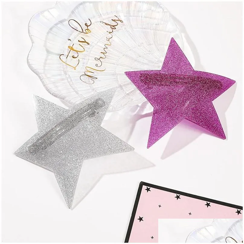 Hair Clips & Barrettes Length 10 Cm Large Five-Pointed Star Barrettes Women Glitter Spring Clip Plastic Alloy Hairpins For Headdress P Dhzms