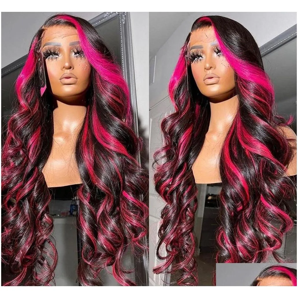 36Inch Ombre Pink Color Body Wave Wig Human Hair Pre Plucked 13X4 Synthetic Lace Front Wigs For Black Women