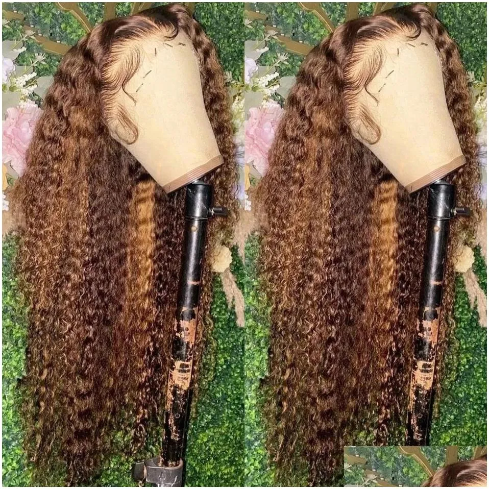 Long Brazilian Hair Kinky Curly Lace Front Wigs Highlighted Ombre Brown full Wig Heat Resistant Fiber Natural Synthetic wig For Women