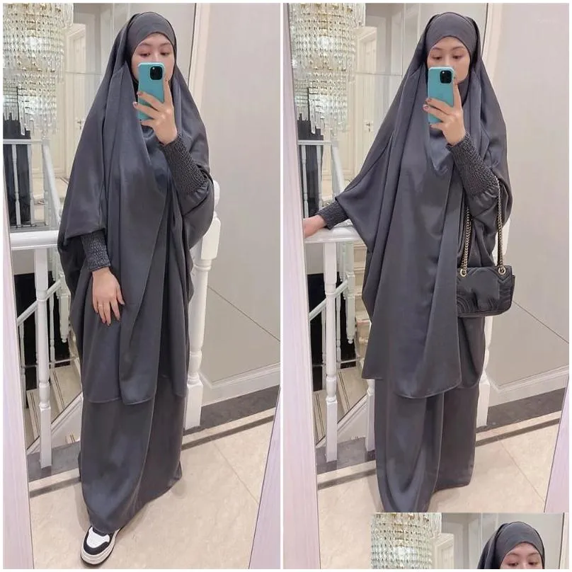 Ethnic Clothing Women Muslim Prayer Garment Plain 2 Piece Jilbab Set Nida Hooded Abaya Khimar Hijab Long Skirt Islam Clothes Dubai