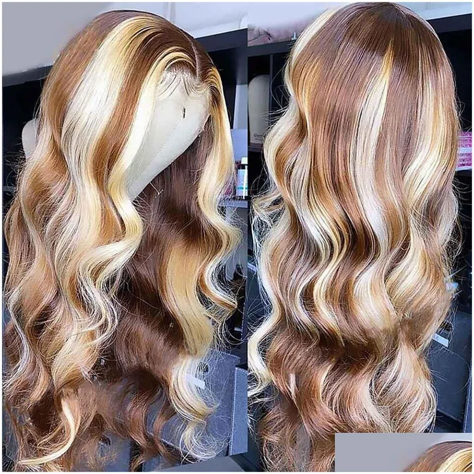 30 inch Brazilian Human Hair Highlight Wig 180% 13x4 Body Wave Lace Frontal Wig For Women Synthetic