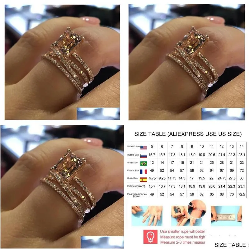 Band Rings Fashion Mtilayer Morganite Rings Rose Gold Color Wedding Jewelry Champagne Crystal Stone Ring Bague For Women Mother Days D Dhn3F