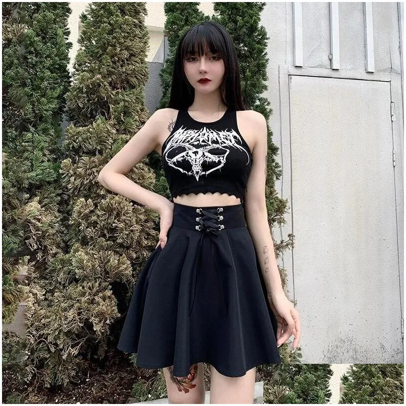 Skirts Women`s Basic Versatile Flared Casual Mini Skater Skirt High Waisted School Goth Punk Black Harajuku