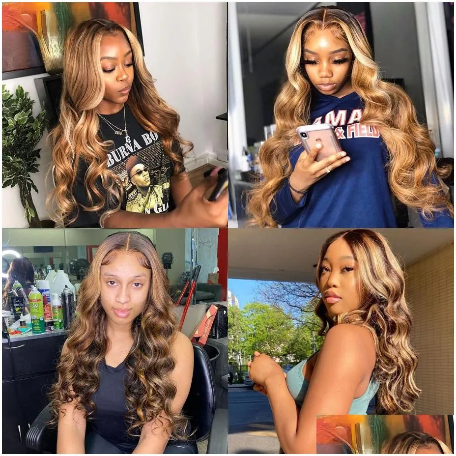 Brazilian Hair Highlight Blonde Lace Front Wig Natural Hairline High Temperature Fiber Body Wave Black /Pink/Blonde /Red Synthetic Lace Frontal Wig For White