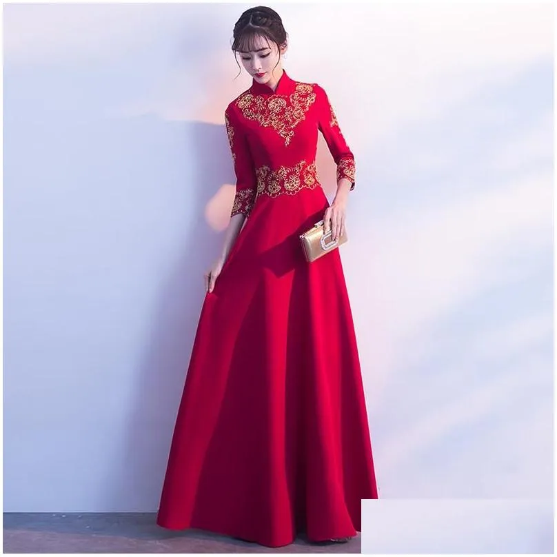 Red Embroidery Chinese Evening Dress Long Bride Wedding Qipao Oriental Style Party Dresses Bridesmaid Robe Ceremonie Fille Gowns Ethnic