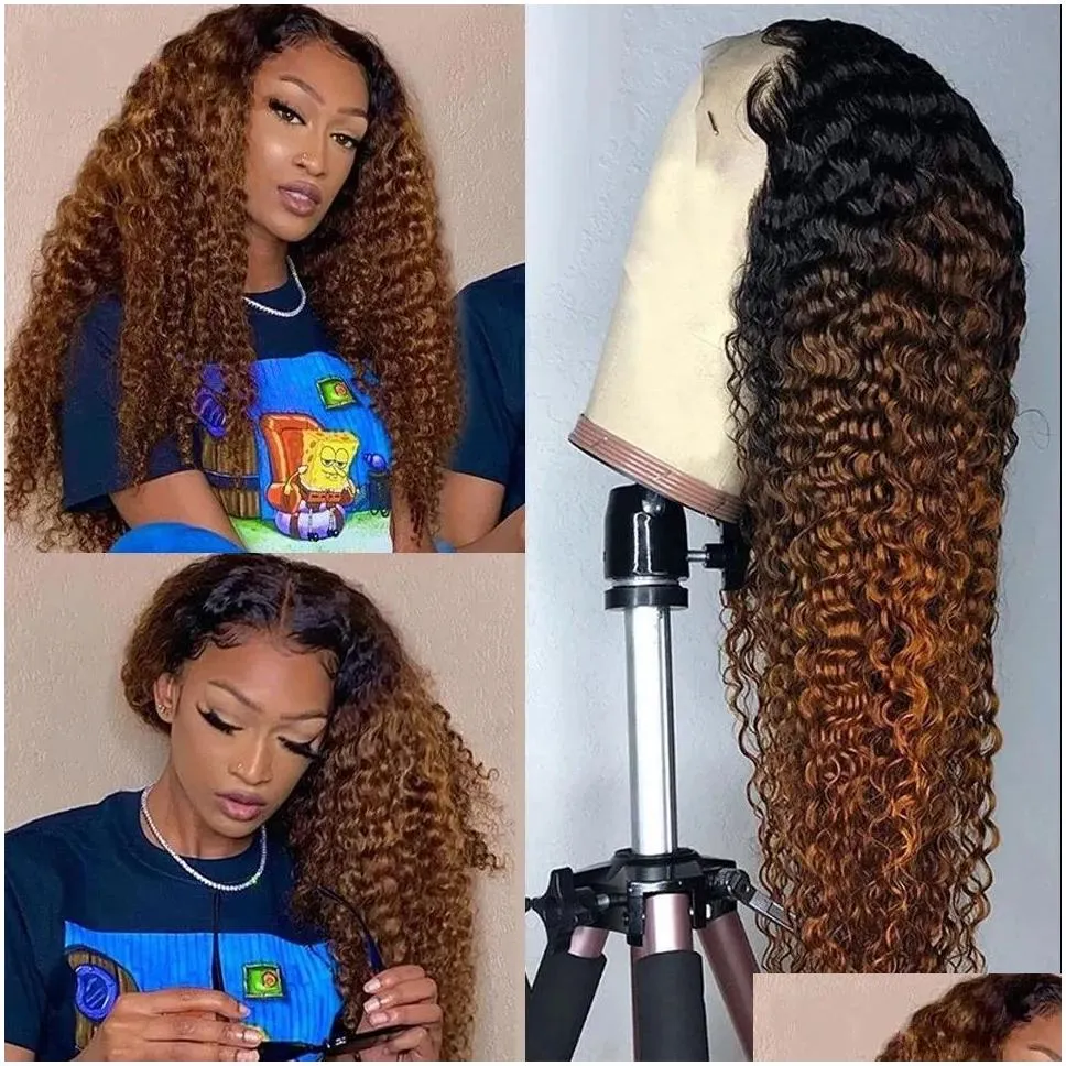New Long Loose Deep Wave Human Hair Wigs for Black Women Ombre Brown /Blonde/Blue Colored Kinky Curly Synthetic Lace Front Wig Cosplay