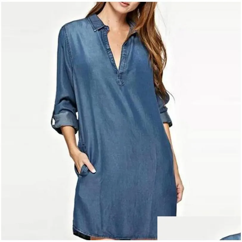 Casual Dresses Denim Dress For Women 2022 Autumn Blue V-Neck Long Sleeve Mini Plus Size Washed Shirt Vestidos