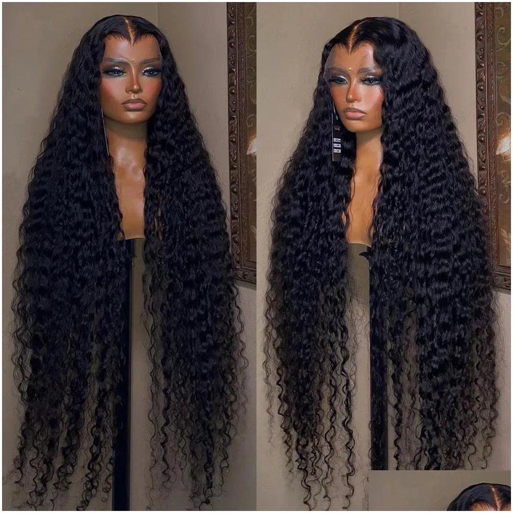 40 Inch Indian HD Deep Curly Lace Front Wig Human Hair Glueless Deep Wave Frontal Wig Wet and Wavy Synthetic Wig for Black Women