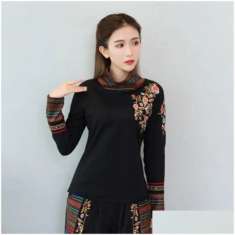 Ethnic Clothing Chinese Style Women Clothes 2021 Autumn Retro Embroidery Cotton Blouse Black Hanfu Ladies Tops 11984