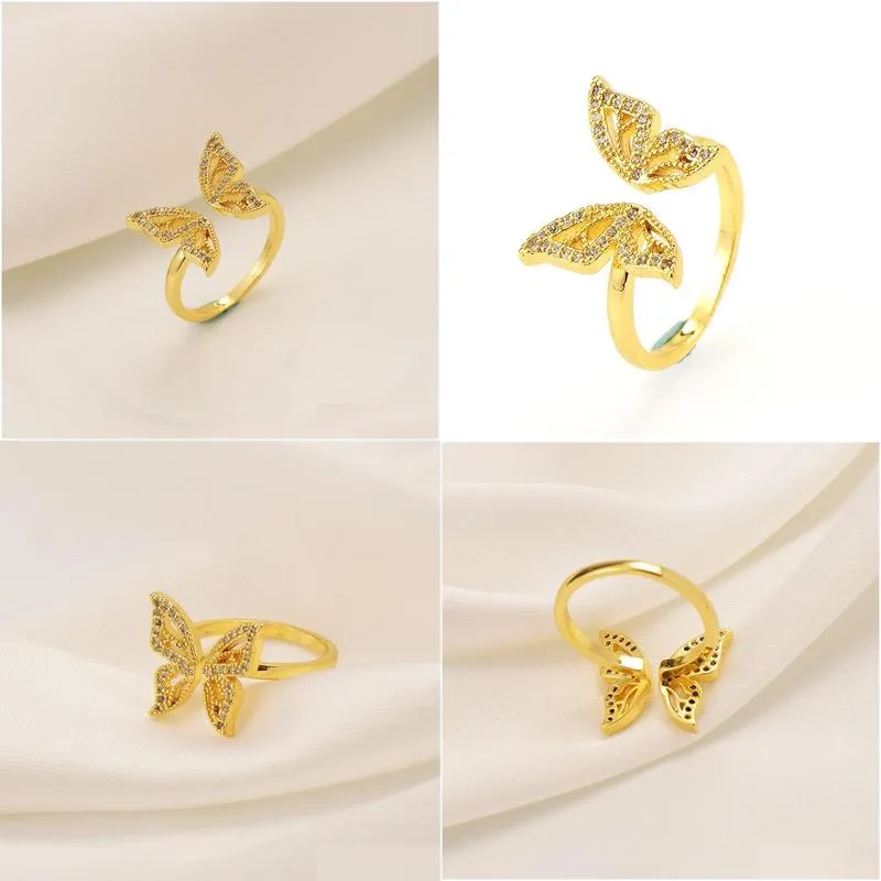 Women Luxury Butterfly Ring 24K Yellow Fine Solid Gold Filled White Simulated Diamond Nipple Piercing Over