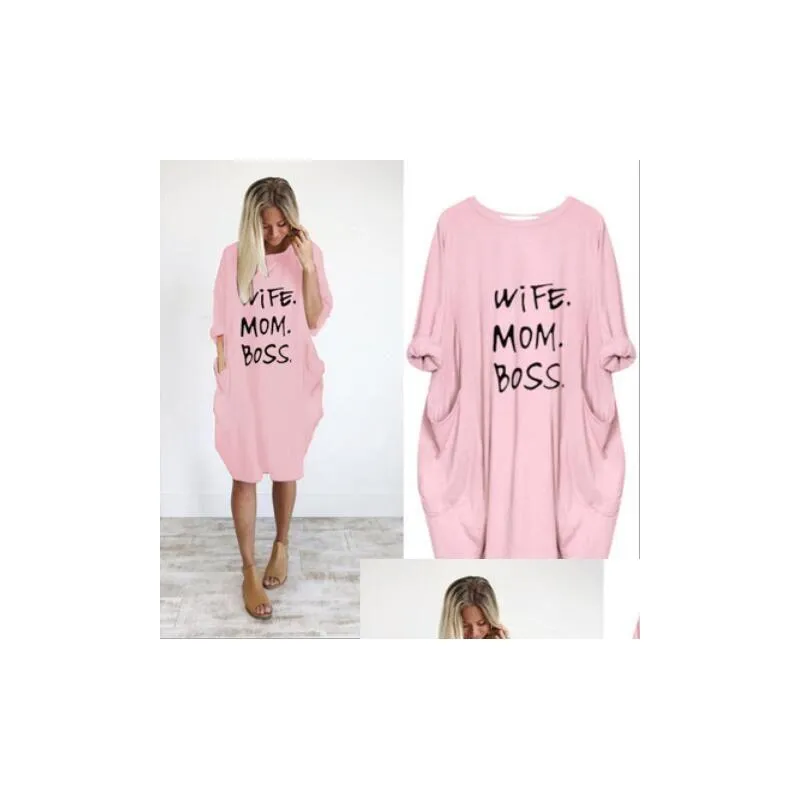 Newest Summer Women Letter Printed Dresses Fashion Crew Neck Panelled Ladies Dresses Casual Loose Long Sleeve Apparel