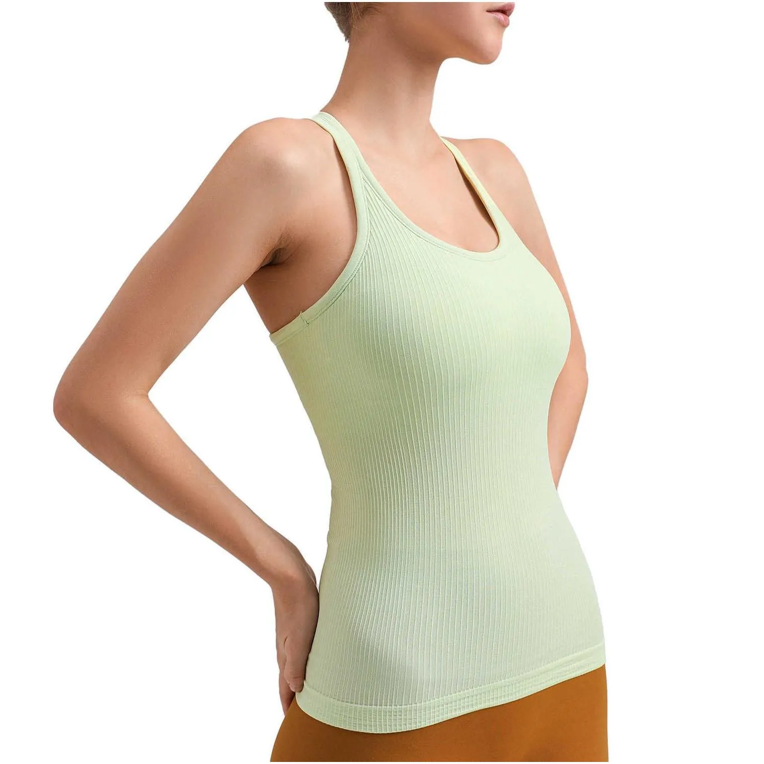 Lu-88289 Yoga Nude Ebb to Street Long Tank Top High Elastic Thread Seamless Back Fitness Rib with Chest Pads for Slimming