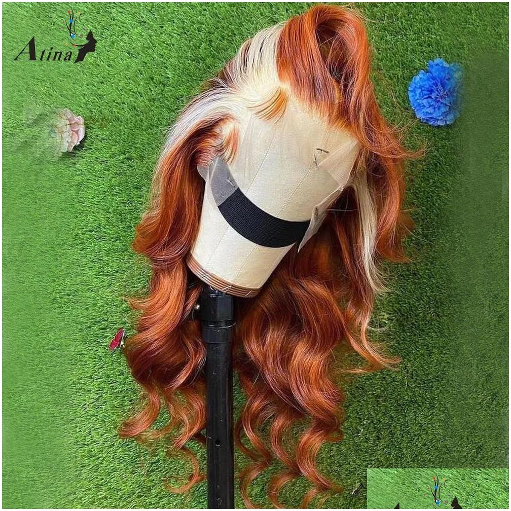 Long Honey Blonde Lace Frontal Human Hair Wig Ombre Ginger Orange Full Front Highlight 28 30 Inch Synthetic Deep Wave Wigs