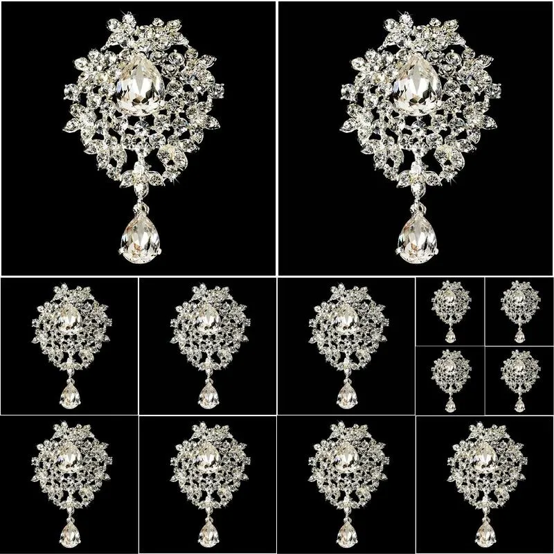 Pins, Brooches Sier Plated Clear Rhinestone Diamante Crystal Dangle Heart Drop Glass Brooch For Wedding Drop Delivery Jewelry Dhdq8