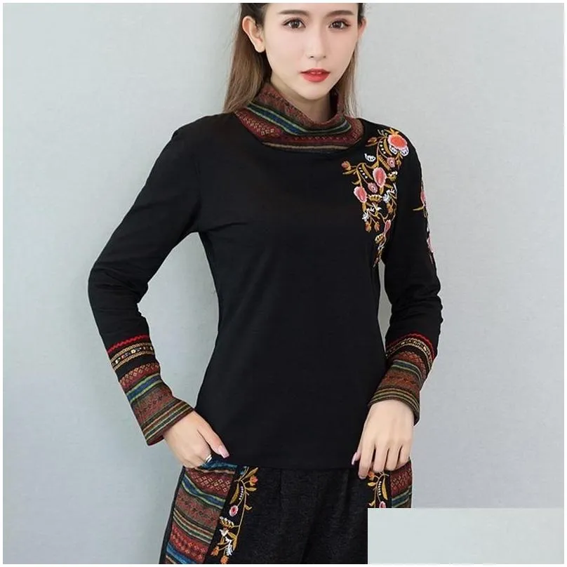 Ethnic Clothing Chinese Style Women Clothes 2021 Autumn Retro Embroidery Cotton Blouse Black Hanfu Ladies Tops 11984