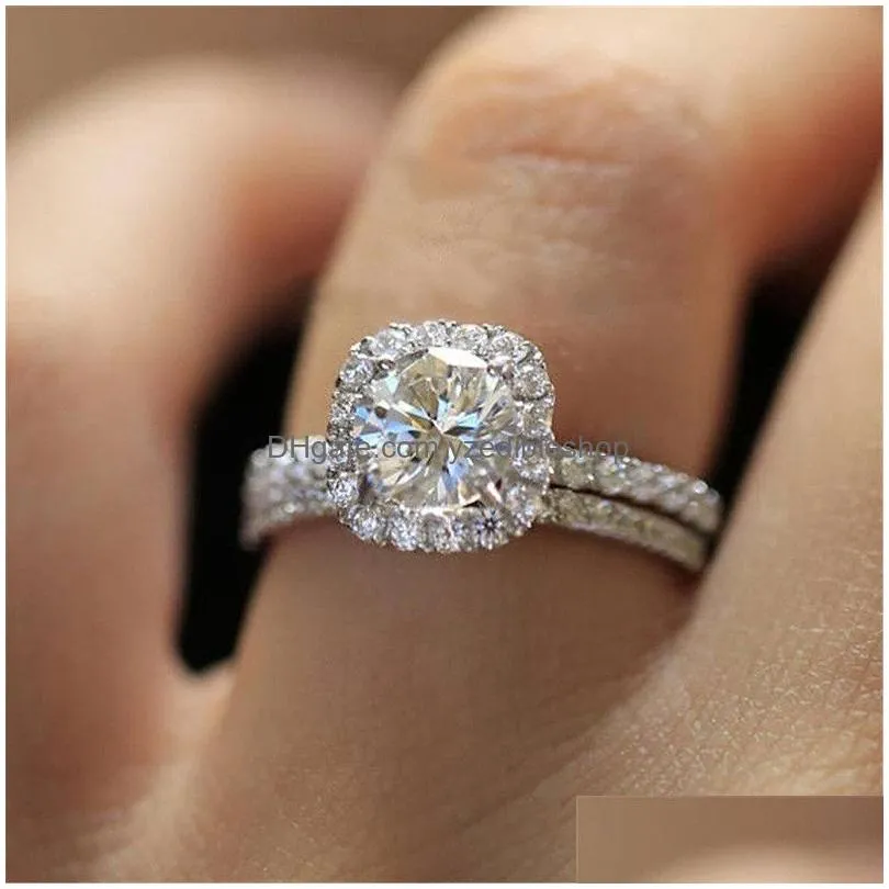 wedding engagement rings set for women couple square silver color cubic zircon birde ring dazzling fashion jewelry sr531-m