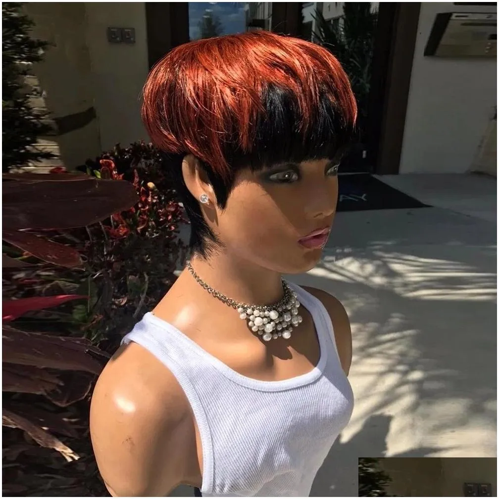 Ombre Red Color Short Wavy Bob Pixie Cut Wig Full Machine Made Non Lace Human Hair Wigs With Bangs For Black Women
