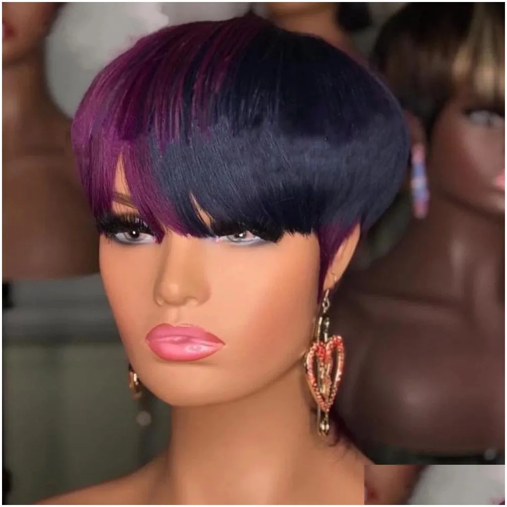 Ombre Highlight Rose Purple Color Remy Human Hair Wigs Pixie Short Cut Bob Brazilian Straight No Lace Front Wig