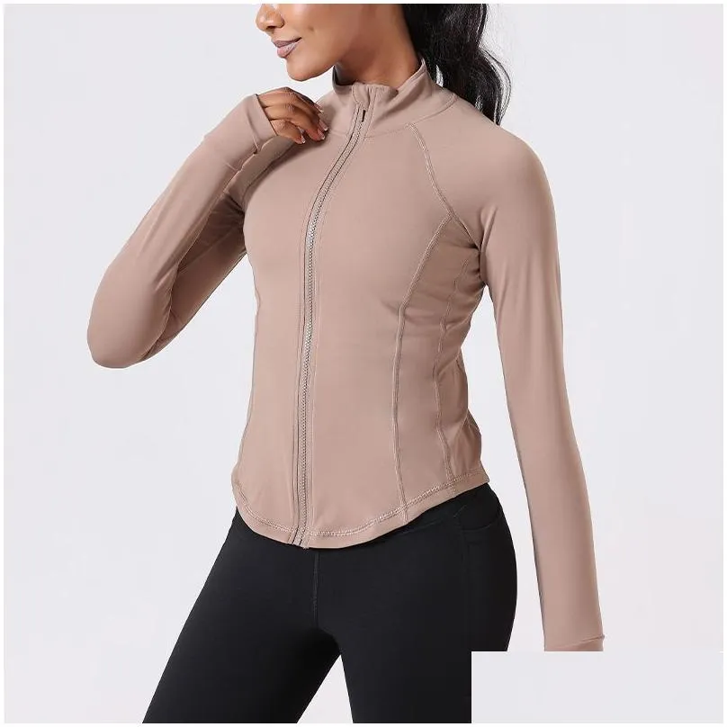 Nude Sports Coat Women`s High Neck Zipper Sports Fitness Elastic Tight Yoga Suit Slim Fit Breathable Top Long Sleeve (80029)