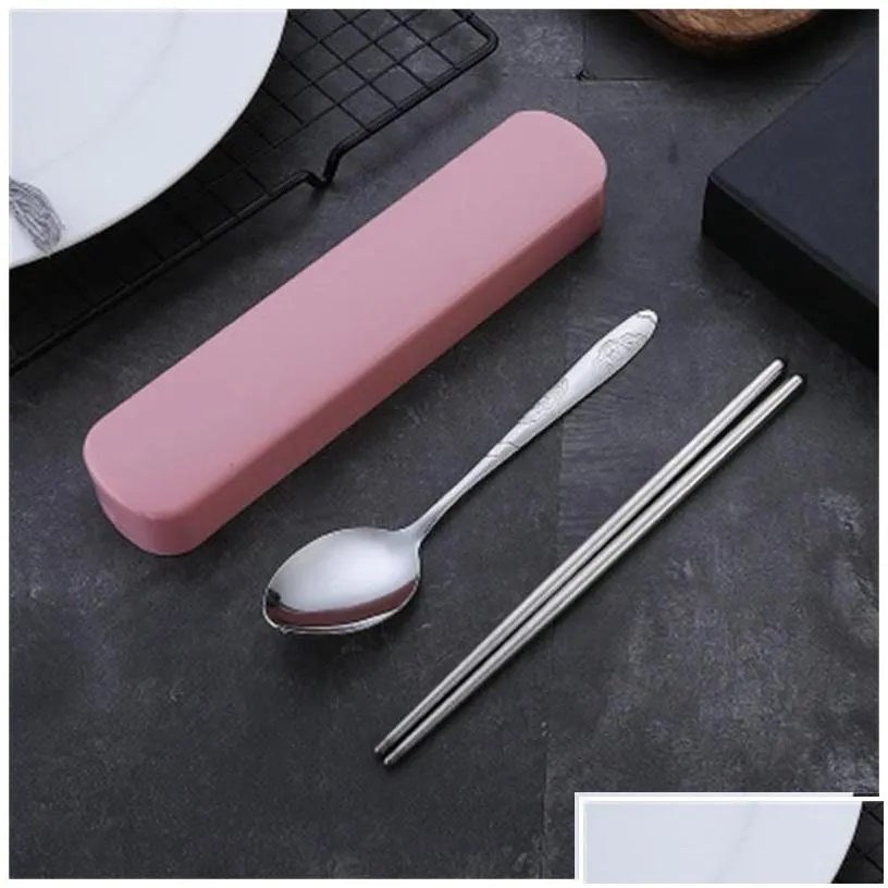 flatware sets portable stainless steel cutlery set with storage box chopstick fork spoon flatware kit high quality travel tableware