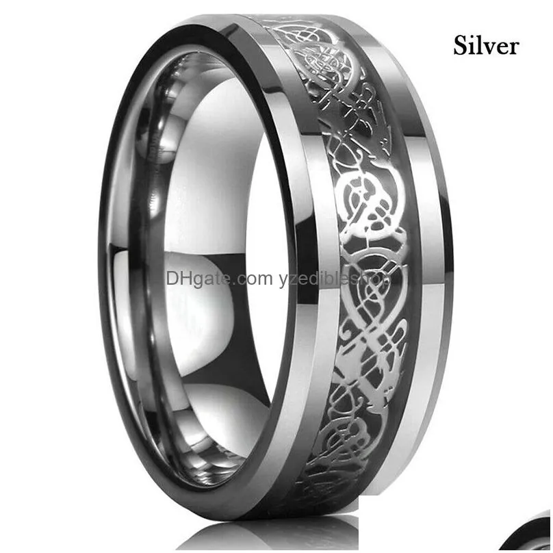 8 colors 8mm mens stainless steel dragon ring inlay red green black carbon fiber rings wedding band jewelry size 6-13