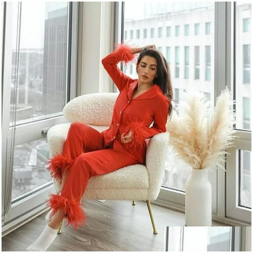 Women`s Two Piece Pants Womens Pajamas For Sleep Ladies Solid Color Suit Lapel Top And Feather Trousers Two-piece Sleepwear Set Pyjama