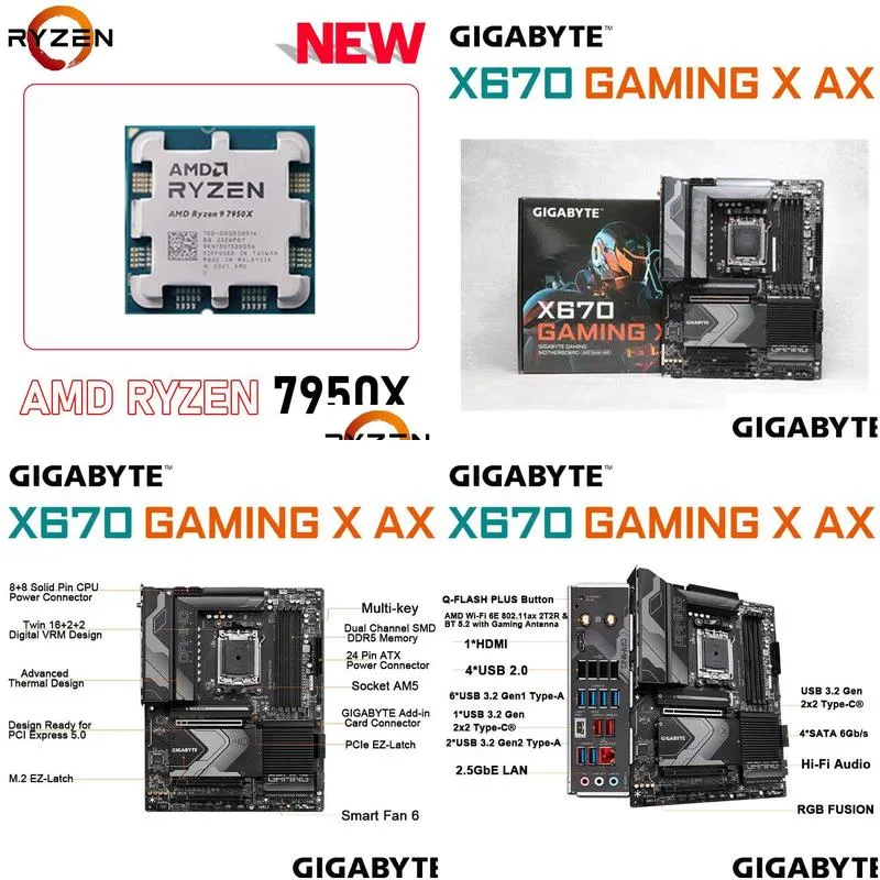 AMD Ryzen 9 7950X AM5 CPU Combo GIGABYTE X670 GAMING X AX AMD X670 Motherboard DDR4 128GB Socket AM5 Processor Kit PCIe 5.0 ATX