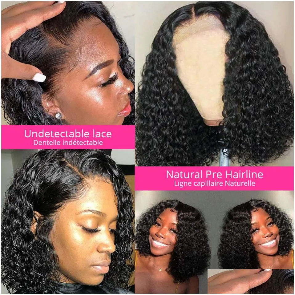 Human Hair Wigs for Women Brazilian Deep Wave Frontal Wig 180 Density Transparent T Part Lace Wig Jerry Curl Bob PrePlucked Remy