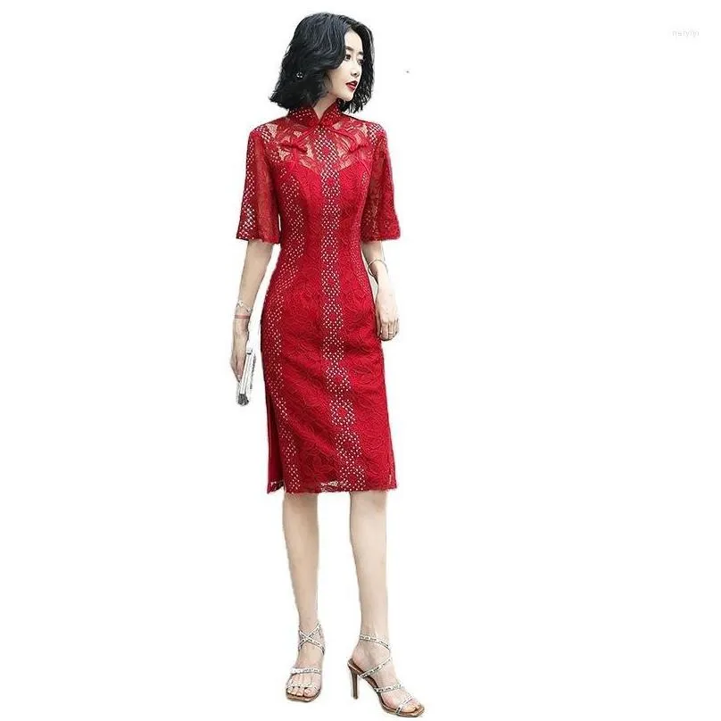 Ethnic Clothing Summer Girl Red Willow Mid-length Qipao Retro Chinese Style Gown Wedding Cheongsam Dress