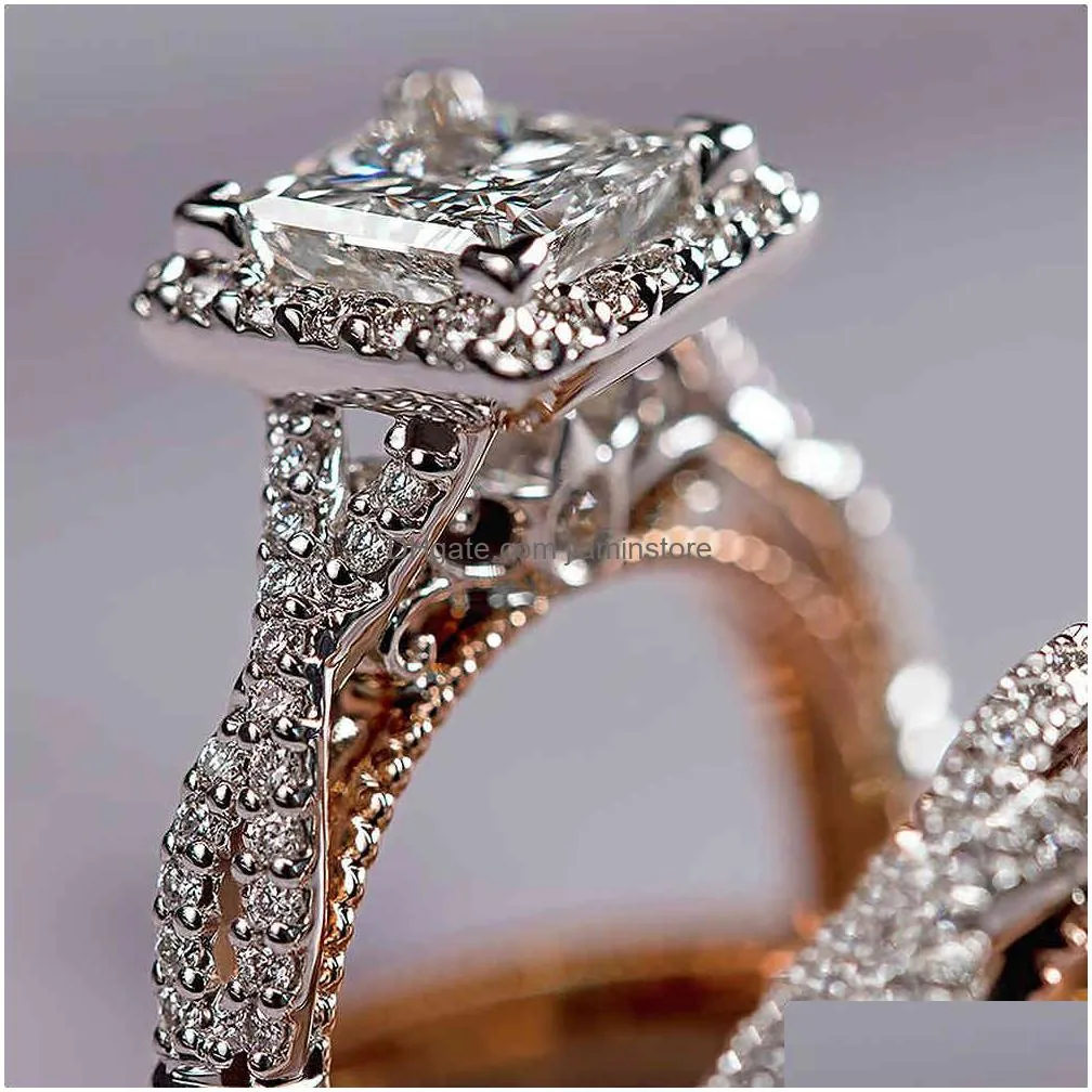 Band Rings Gorgeous 3Pcs/Set Women Wedding Rings Mosaic Cz Two Tone Romantic Female Engagement Ring Fashion Jewelry Drop Delivery Jewe Dhmx2