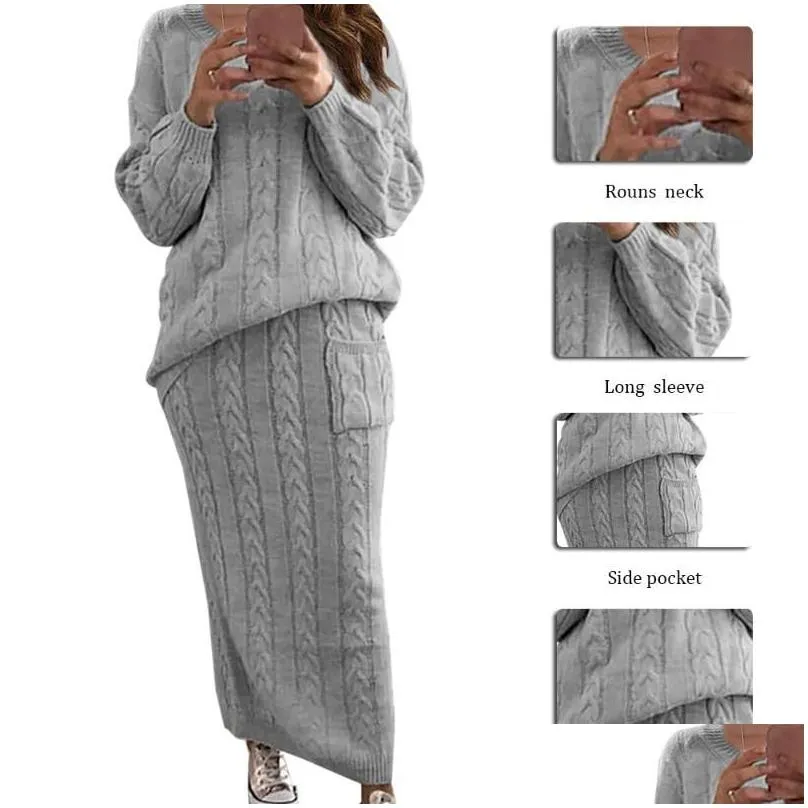 Women`s Tracksuits 2021 Neue Knitted Sweater And Skirt Two Piece Set Women Autumn Slim Crop Tops Skirts 2 Sets Womens Outfits1
