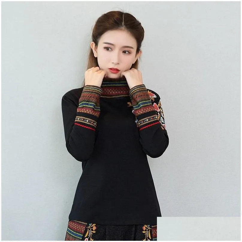 Ethnic Clothing Chinese Style Women Clothes 2021 Autumn Retro Embroidery Cotton Blouse Black Hanfu Ladies Tops 11984
