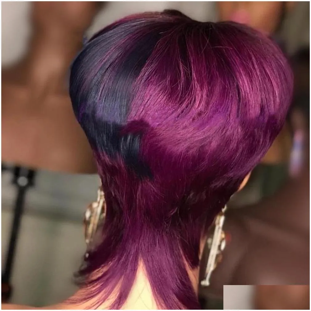 Ombre Highlight Rose Purple Color Remy Human Hair Wigs Pixie Short Cut Bob Brazilian Straight No Lace Front Wig