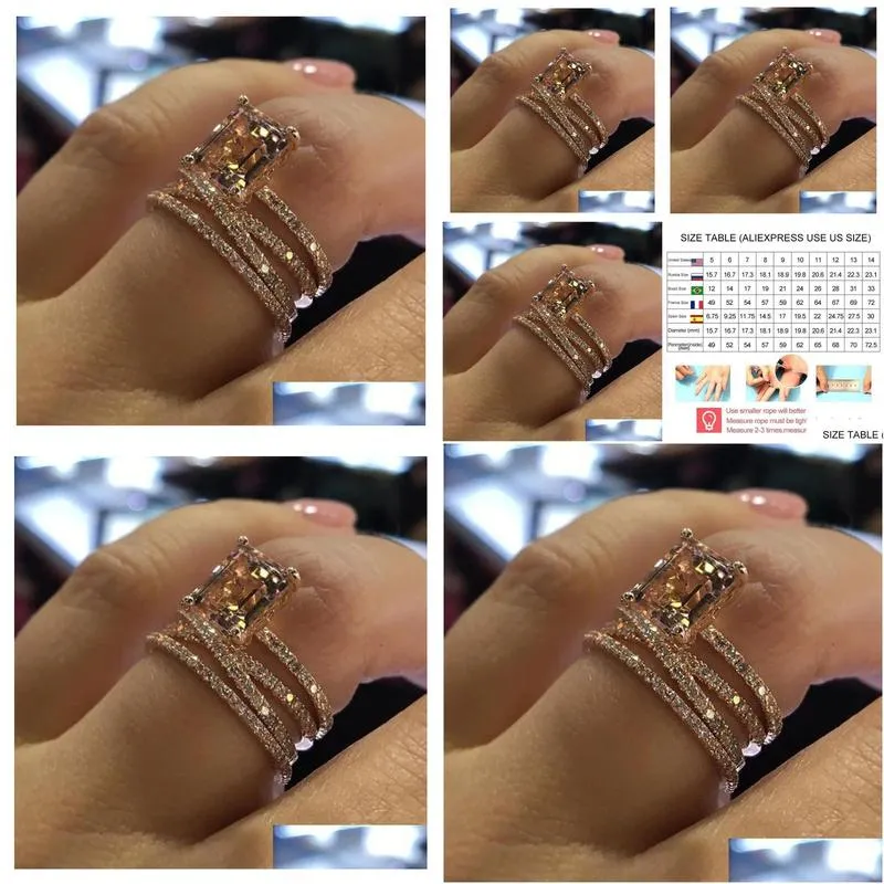 Band Rings Fashion Mtilayer Morganite Rings Rose Gold Color Wedding Jewelry Champagne Crystal Stone Ring Bague For Women Mother Days D Dhn3F