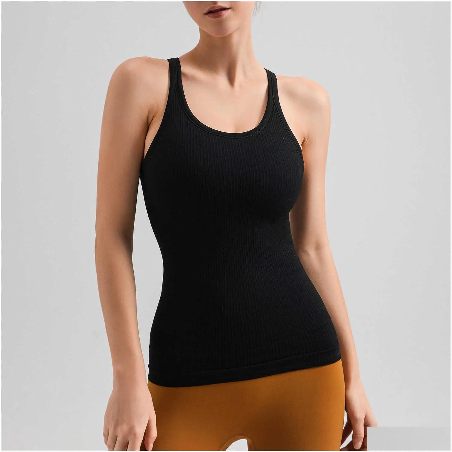 Lu-88289 Yoga Nude Ebb to Street Long Tank Top High Elastic Thread Seamless Back Fitness Rib with Chest Pads for Slimming